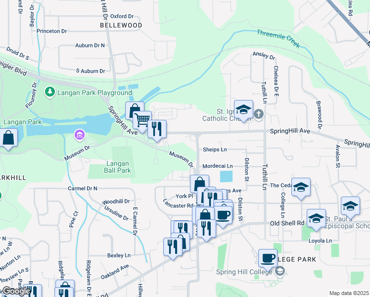 map of restaurants, bars, coffee shops, grocery stores, and more near 733-783 Museum Dr in Mobile