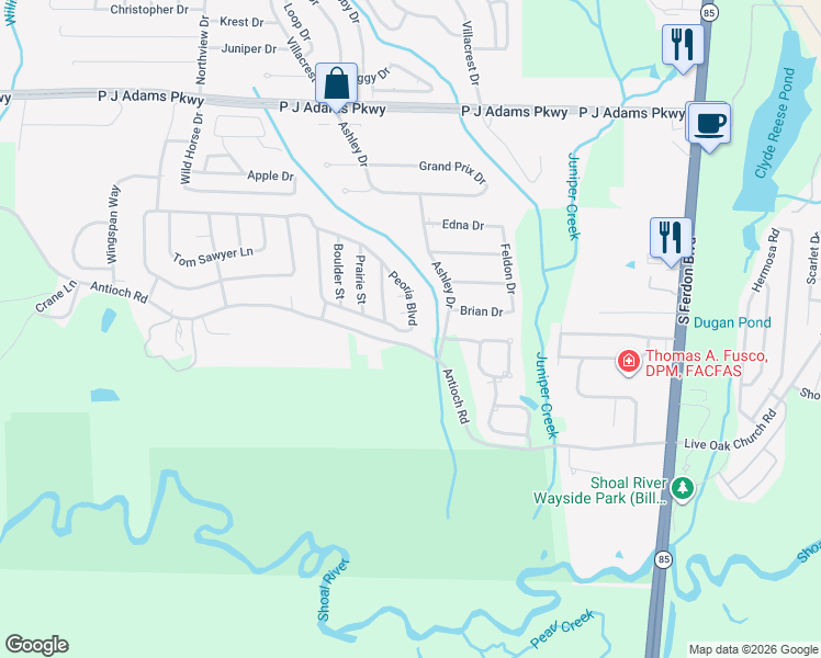 map of restaurants, bars, coffee shops, grocery stores, and more near 180 Peoria Boulevard in Crestview