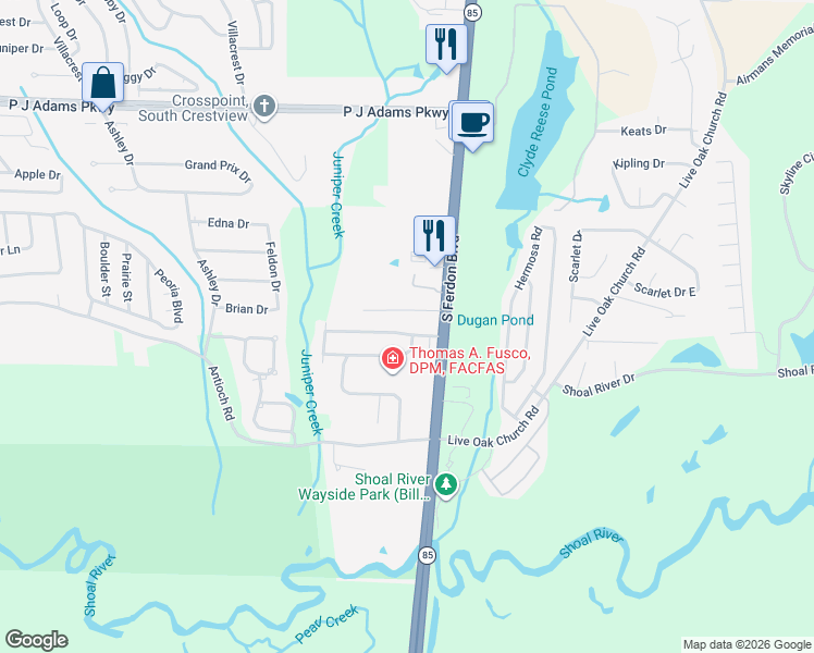 map of restaurants, bars, coffee shops, grocery stores, and more near 204 Southview Drive in Crestview