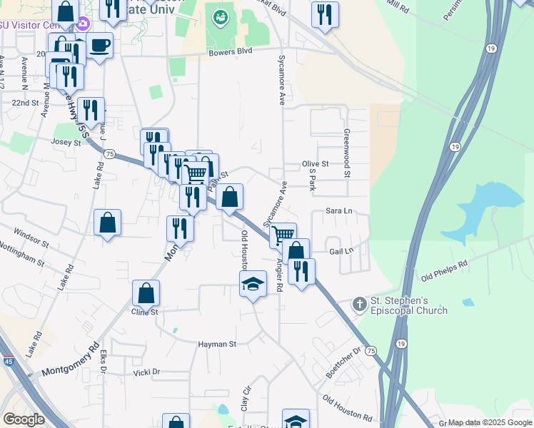 map of restaurants, bars, coffee shops, grocery stores, and more near 2530 Sycamore Avenue in Huntsville