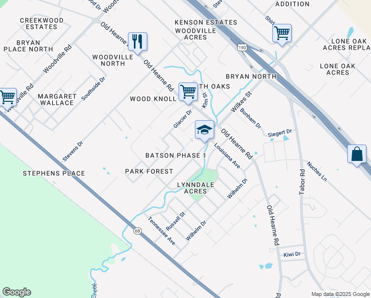 map of restaurants, bars, coffee shops, grocery stores, and more near 2326 Wilkes Road in Bryan