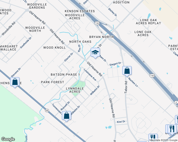 map of restaurants, bars, coffee shops, grocery stores, and more near 2918 Louisiana Avenue in Bryan