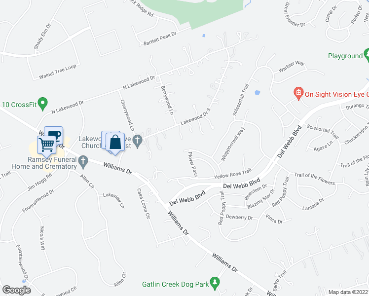 map of restaurants, bars, coffee shops, grocery stores, and more near 102 Red Poppy Trail in Georgetown