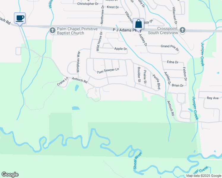 map of restaurants, bars, coffee shops, grocery stores, and more near 114 Paddle Wheel Cove in Crestview