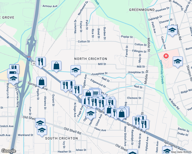 map of restaurants, bars, coffee shops, grocery stores, and more near 2913 Nall Street in Mobile