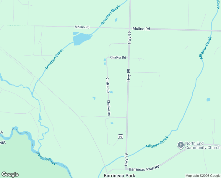 map of restaurants, bars, coffee shops, grocery stores, and more near 5588-5632 Chalker Rd in Molino