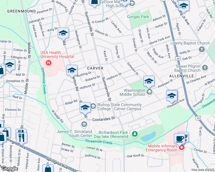 map of restaurants, bars, coffee shops, grocery stores, and more near 2157 Hathcox Street in Mobile