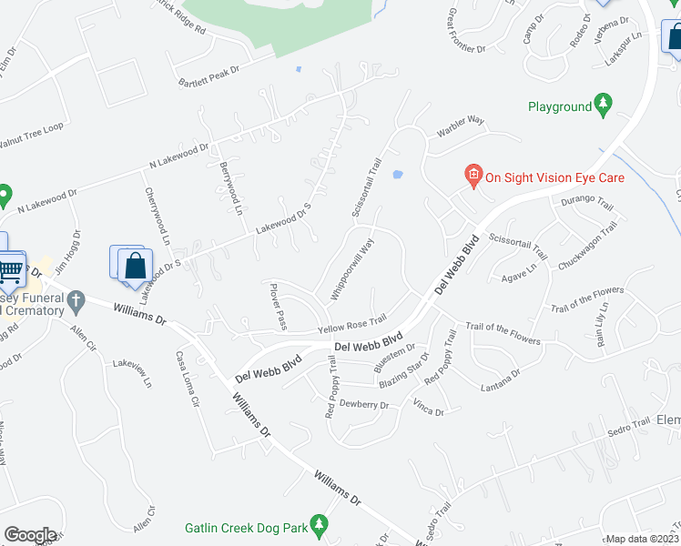 map of restaurants, bars, coffee shops, grocery stores, and more near 110 Whippoorwill Way in Georgetown