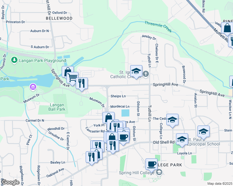 map of restaurants, bars, coffee shops, grocery stores, and more near 3767 Spring Hill Avenue in Mobile