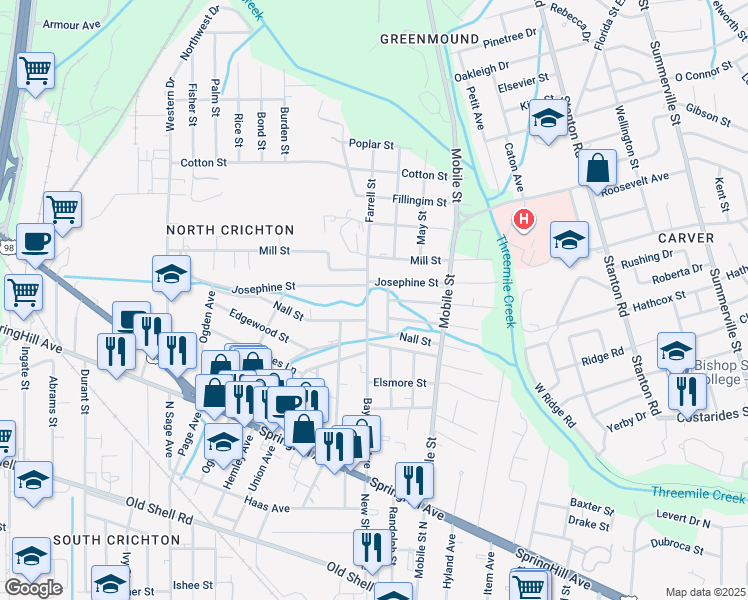 map of restaurants, bars, coffee shops, grocery stores, and more near 2735 Josephine Street in Mobile
