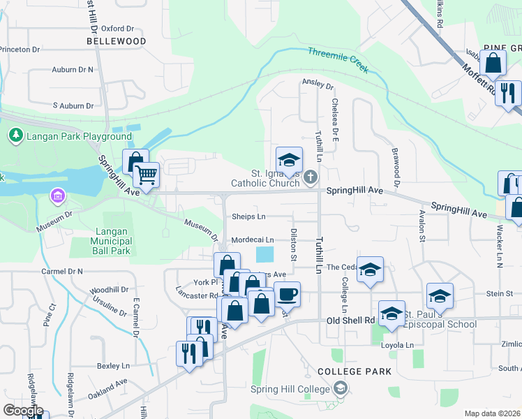 map of restaurants, bars, coffee shops, grocery stores, and more near 3730 Calderwood Dr in Mobile