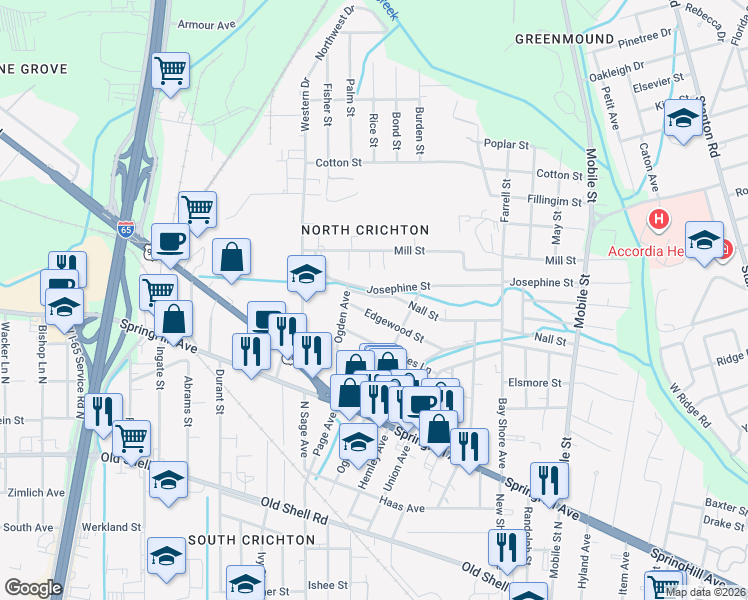 map of restaurants, bars, coffee shops, grocery stores, and more near 2922 Josephine Street in Mobile