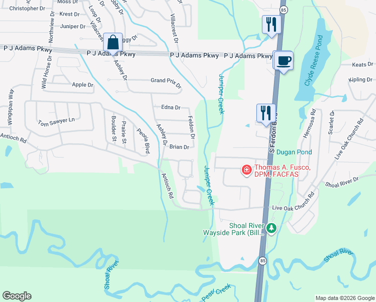 map of restaurants, bars, coffee shops, grocery stores, and more near 125 Brian Drive in Crestview