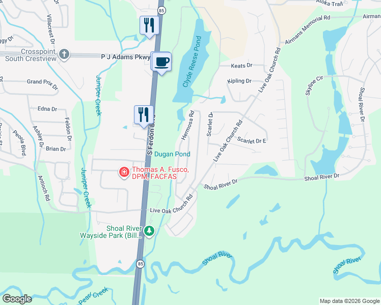 map of restaurants, bars, coffee shops, grocery stores, and more near 4543 Hermosa Road in Crestview