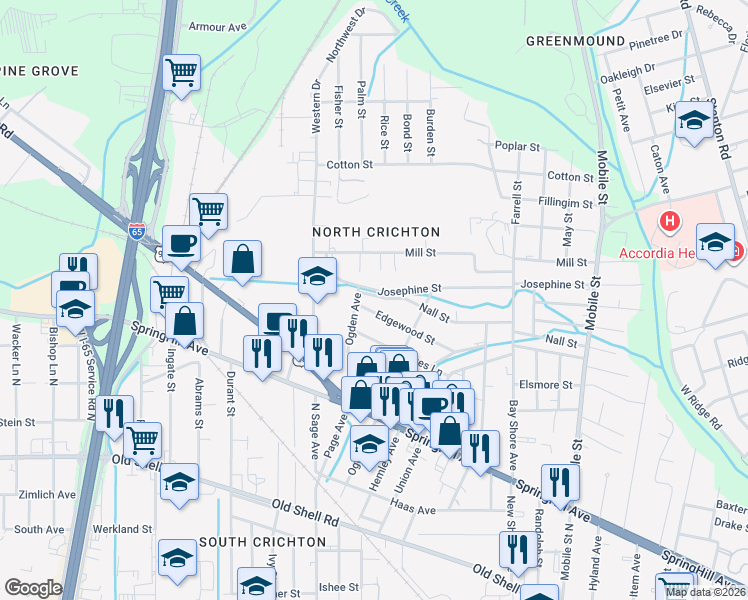 map of restaurants, bars, coffee shops, grocery stores, and more near 2922 Josephine Street in Mobile