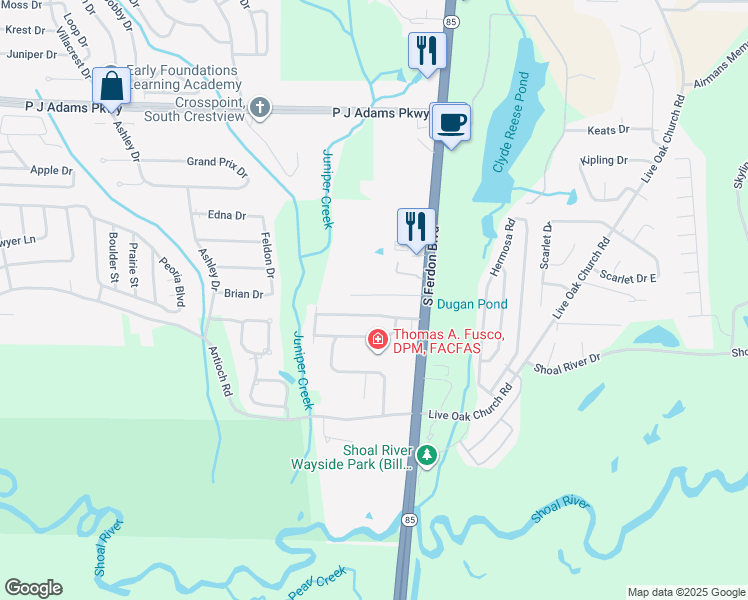 map of restaurants, bars, coffee shops, grocery stores, and more near 112 Campbell Street in Crestview