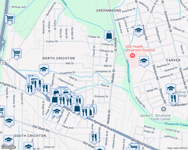 map of restaurants, bars, coffee shops, grocery stores, and more near 2735 Josephine Street in Mobile