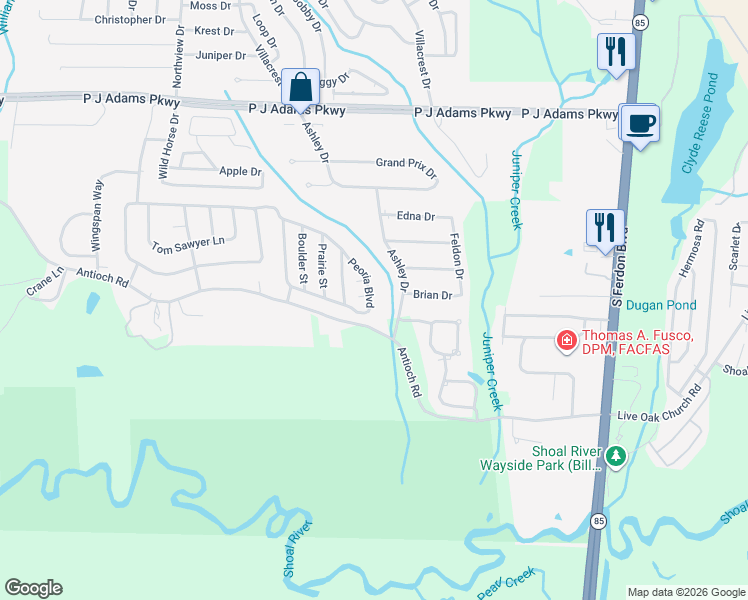 map of restaurants, bars, coffee shops, grocery stores, and more near 170 Peoria Boulevard in Crestview