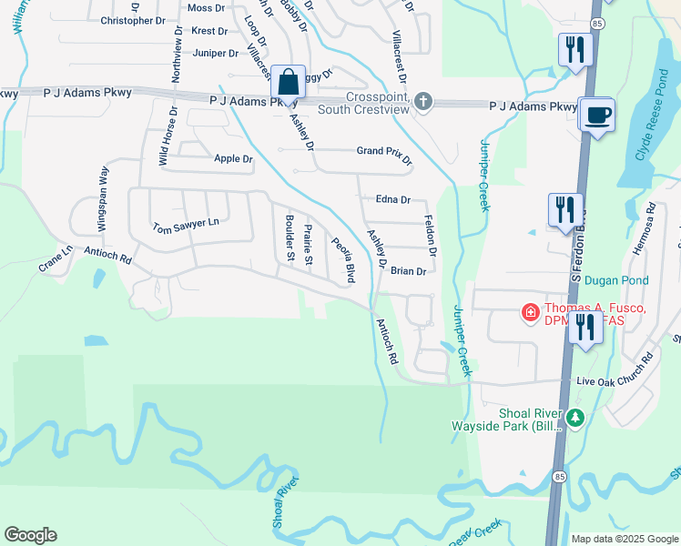 map of restaurants, bars, coffee shops, grocery stores, and more near Peoria Court in Crestview