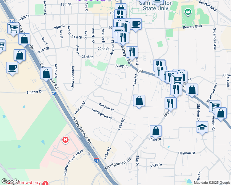 map of restaurants, bars, coffee shops, grocery stores, and more near Smither Drive in Huntsville