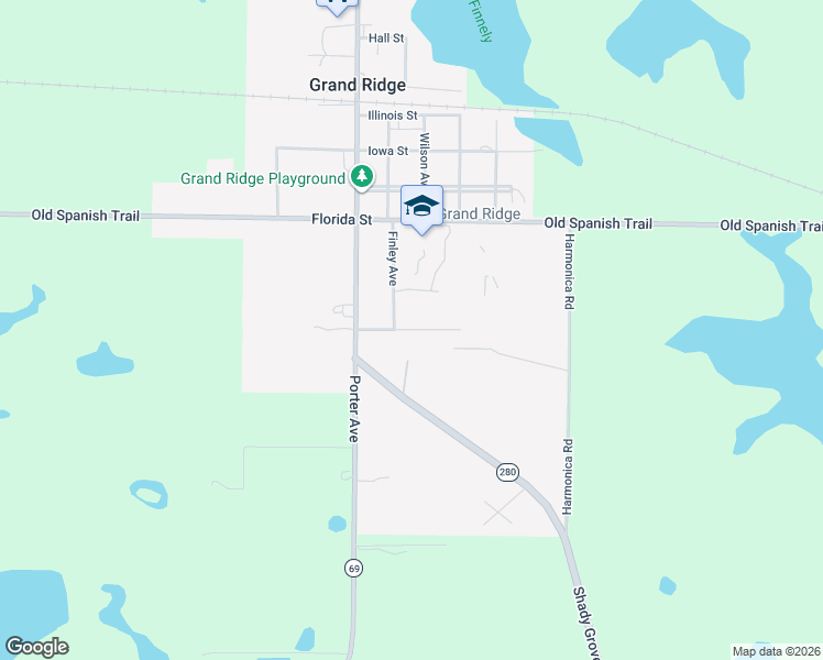 map of restaurants, bars, coffee shops, grocery stores, and more near Oak Street in Grand Ridge