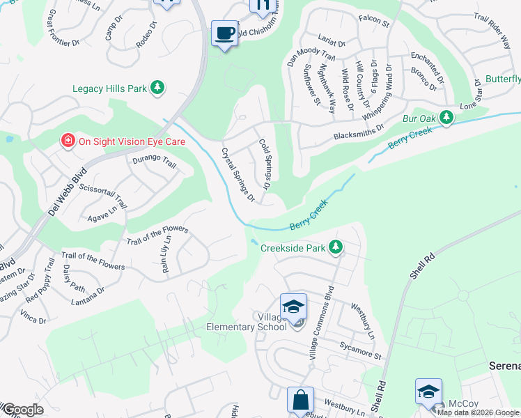 map of restaurants, bars, coffee shops, grocery stores, and more near 130 Crystal Springs Drive in Georgetown