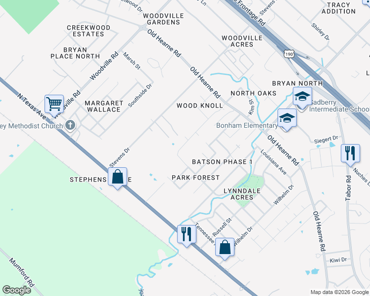 map of restaurants, bars, coffee shops, grocery stores, and more near 3700 Old Hearne Road in Bryan