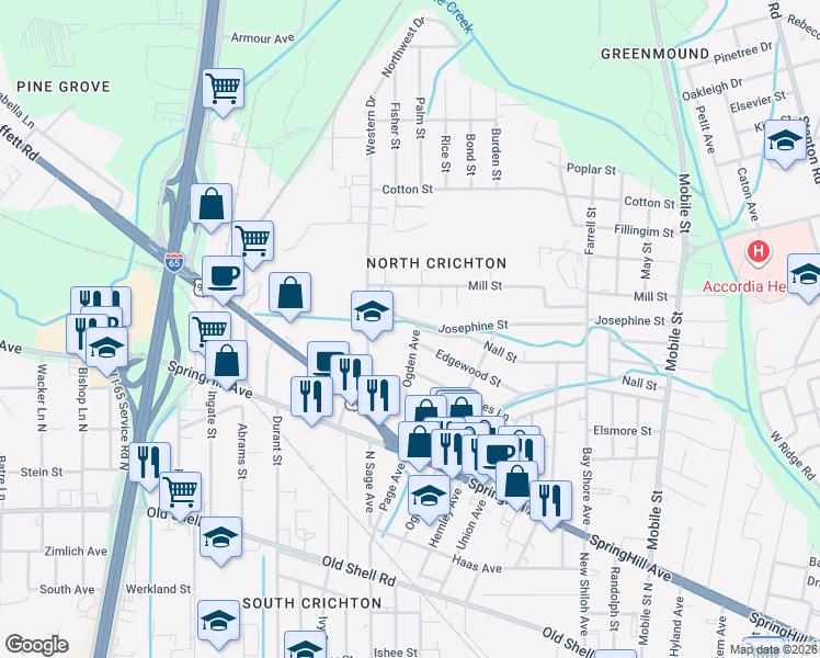 map of restaurants, bars, coffee shops, grocery stores, and more near 405 Ogden Avenue in Mobile