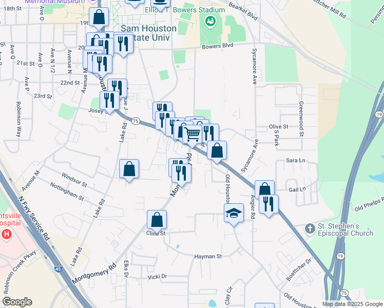 map of restaurants, bars, coffee shops, grocery stores, and more near 2515 Montgomery Road in Huntsville