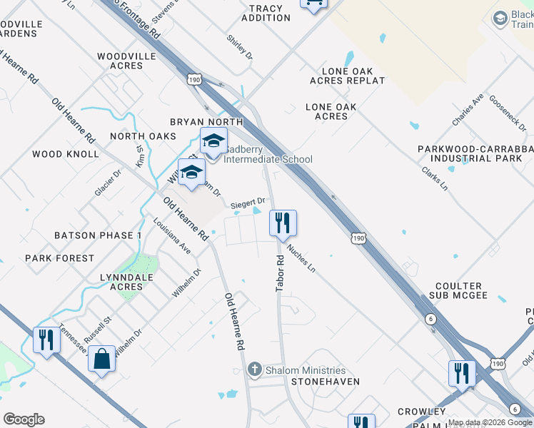 map of restaurants, bars, coffee shops, grocery stores, and more near 2812 Tabor Rd in Bryan