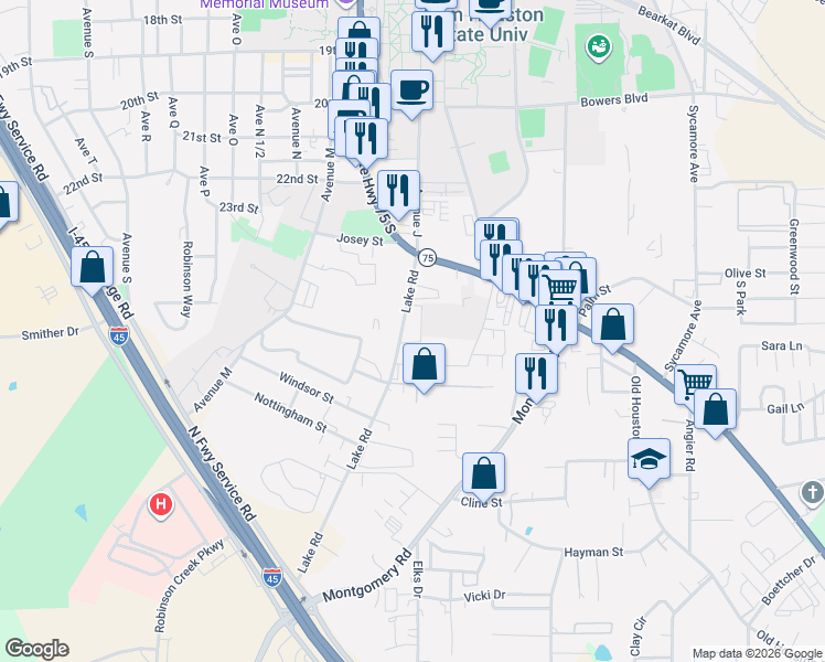 map of restaurants, bars, coffee shops, grocery stores, and more near 2451 Lake Road in Huntsville