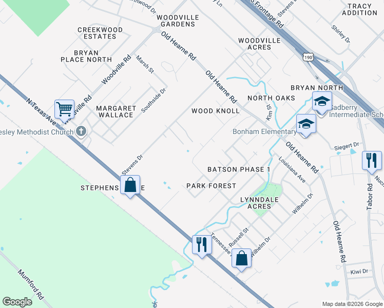 map of restaurants, bars, coffee shops, grocery stores, and more near 3700 Old Hearne Road in Bryan
