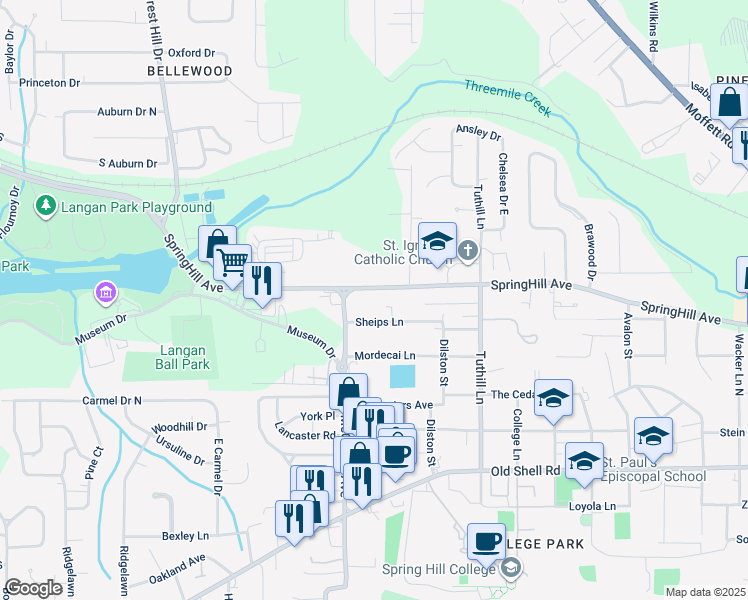 map of restaurants, bars, coffee shops, grocery stores, and more near 3767 SpringHill Avenue in Mobile