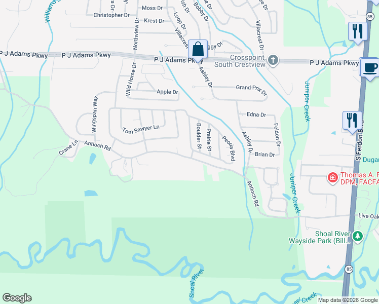 map of restaurants, bars, coffee shops, grocery stores, and more near 521 Boulder Street in Crestview