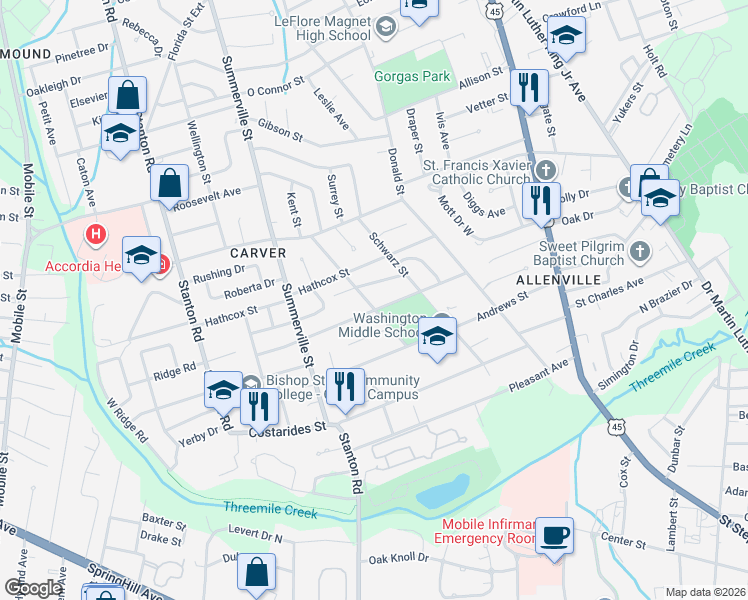 map of restaurants, bars, coffee shops, grocery stores, and more near 504 Helveston Street in Mobile