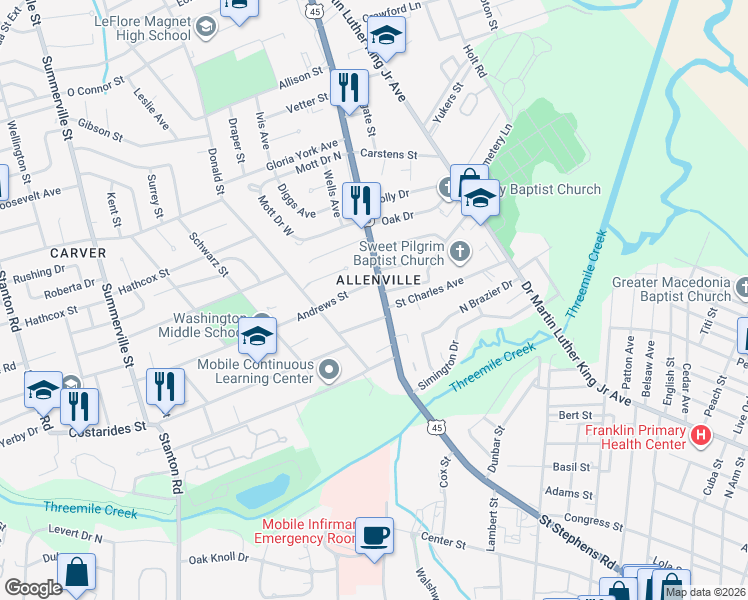 map of restaurants, bars, coffee shops, grocery stores, and more near 1907 Saint Stephens Road in Mobile