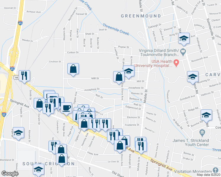 map of restaurants, bars, coffee shops, grocery stores, and more near 2807 Josephine Street in Mobile