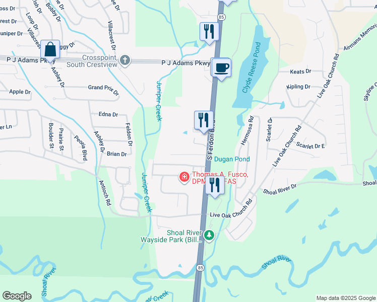 map of restaurants, bars, coffee shops, grocery stores, and more near 112 Campbell Street in Crestview