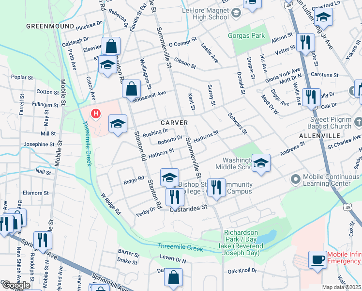 map of restaurants, bars, coffee shops, grocery stores, and more near 2206 Hathcox St in Mobile