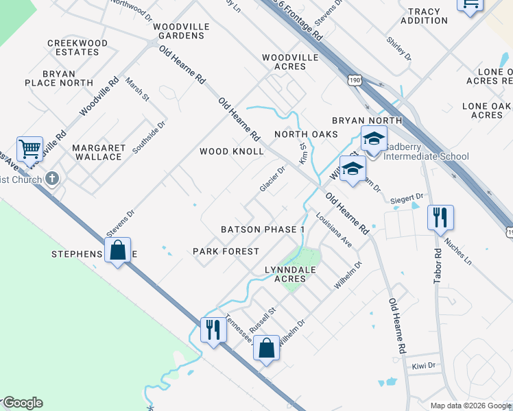 map of restaurants, bars, coffee shops, grocery stores, and more near 3323 Missouri Ave in Bryan
