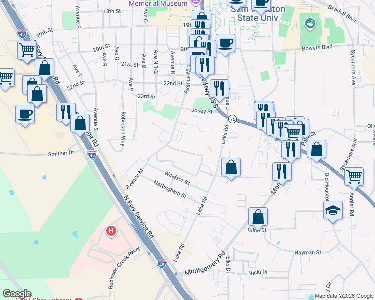 map of restaurants, bars, coffee shops, grocery stores, and more near 1336 Smither Drive in Huntsville