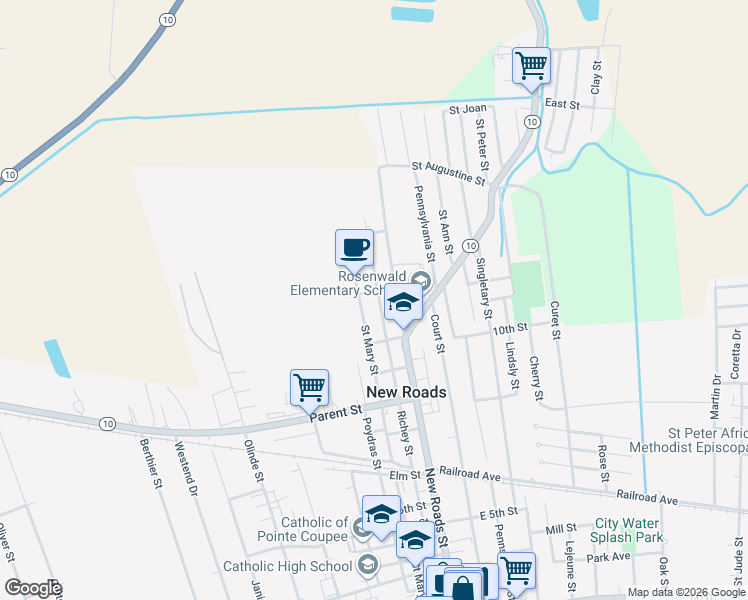 map of restaurants, bars, coffee shops, grocery stores, and more near 1119 New Roads Street in New Roads