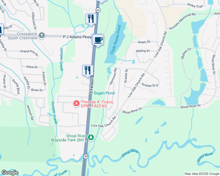 map of restaurants, bars, coffee shops, grocery stores, and more near 4543 Hermosa Rd in Crestview