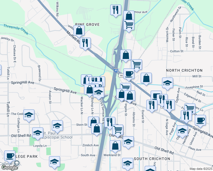 map of restaurants, bars, coffee shops, grocery stores, and more near 508 Springhill Plaza Court in Mobile