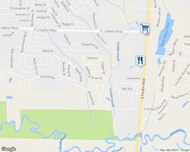 map of restaurants, bars, coffee shops, grocery stores, and more near 110 Brian Drive in Crestview