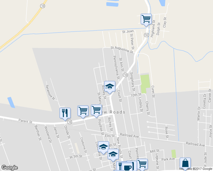 map of restaurants, bars, coffee shops, grocery stores, and more near 1119 New Roads Street in New Roads