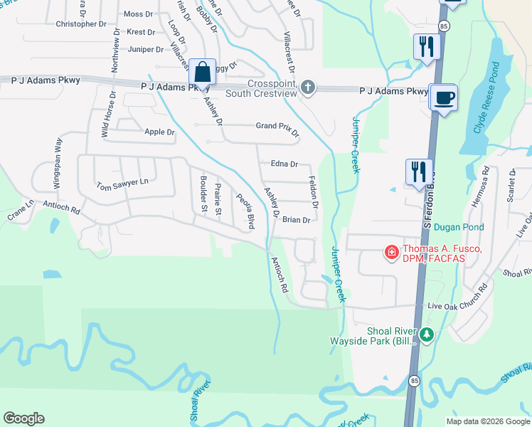 map of restaurants, bars, coffee shops, grocery stores, and more near 105 Ashley Drive in Crestview