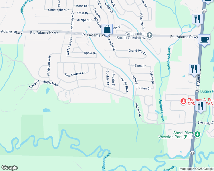 map of restaurants, bars, coffee shops, grocery stores, and more near 521 Boulder Street in Crestview