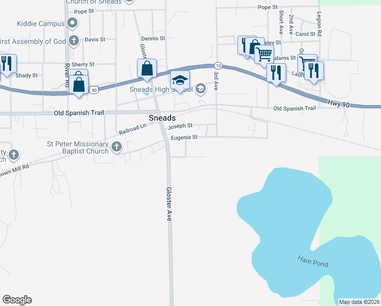 map of restaurants, bars, coffee shops, grocery stores, and more near 1961 Dora Avenue in Sneads