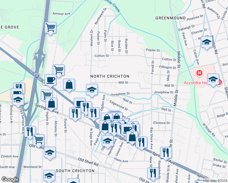 map of restaurants, bars, coffee shops, grocery stores, and more near 2922 Josephine Street in Mobile